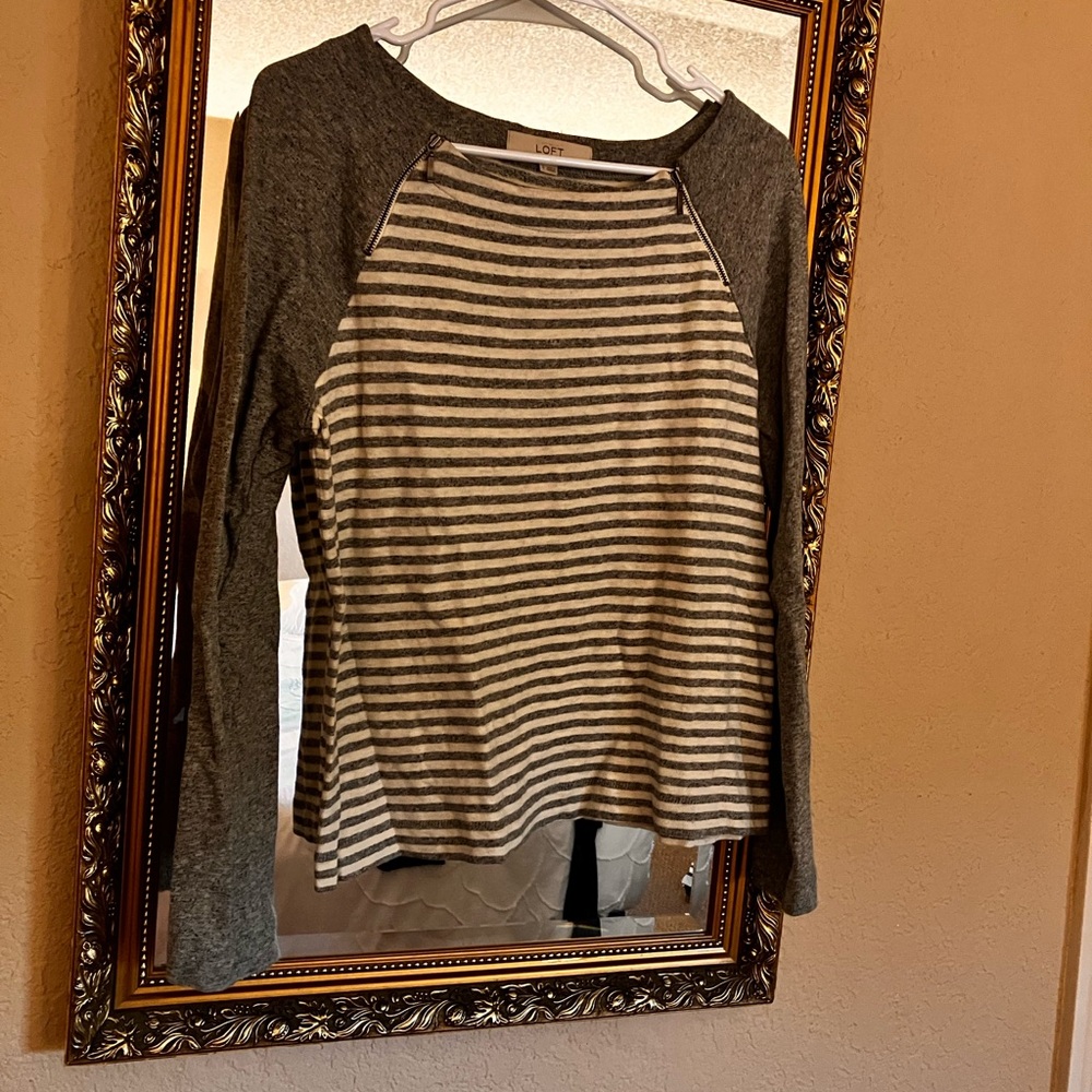 LOFT Gray and Cream Striped Knit Top